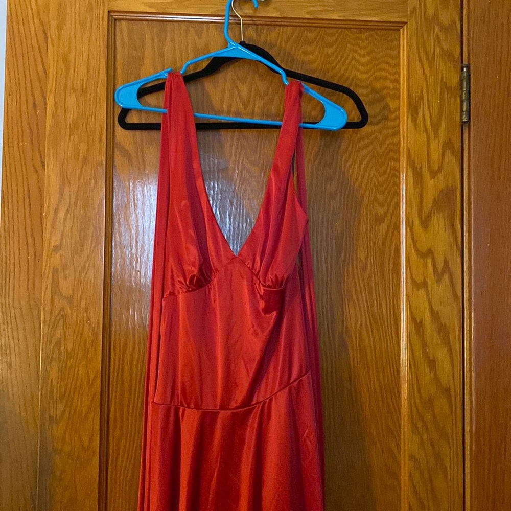 Red satin halter dress